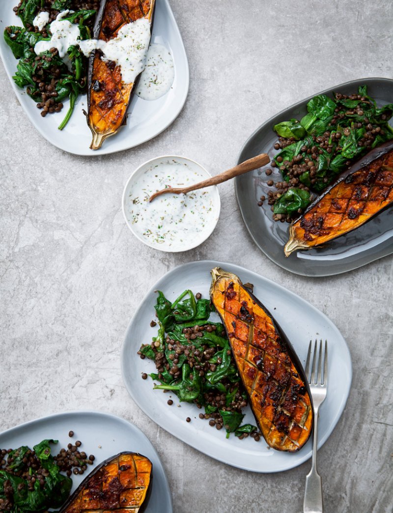Aubergines with Harissa, Lentils and Greens
