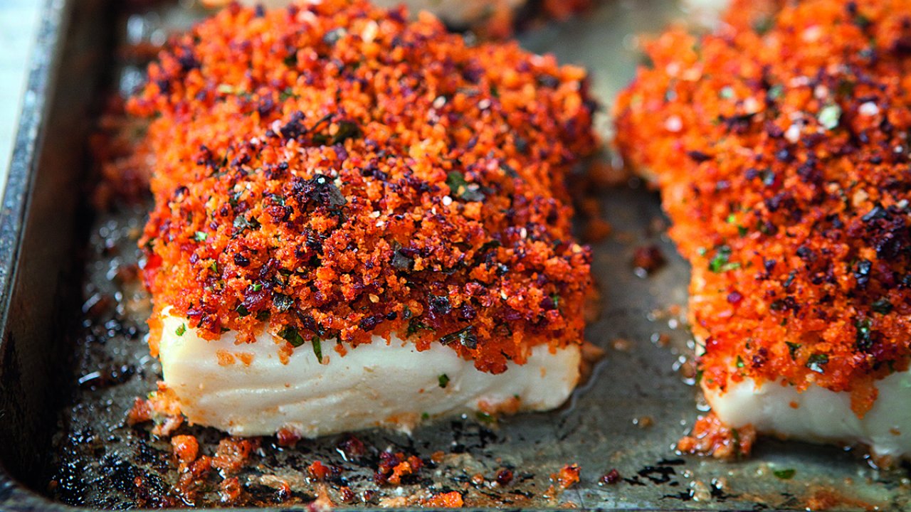 Baked fish and chorizo crust
