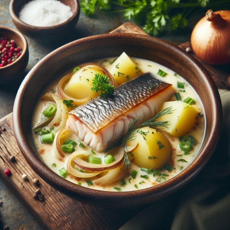 A wooden bowl filled with delicious Cullen Skink, featuring a piece of cooked fish, potatoes, onions, and garnished with herbs. The dish is surrounded by various spices, a whole onion, and fresh greenery—from the Haiy Bikers Food Tour of Britain.