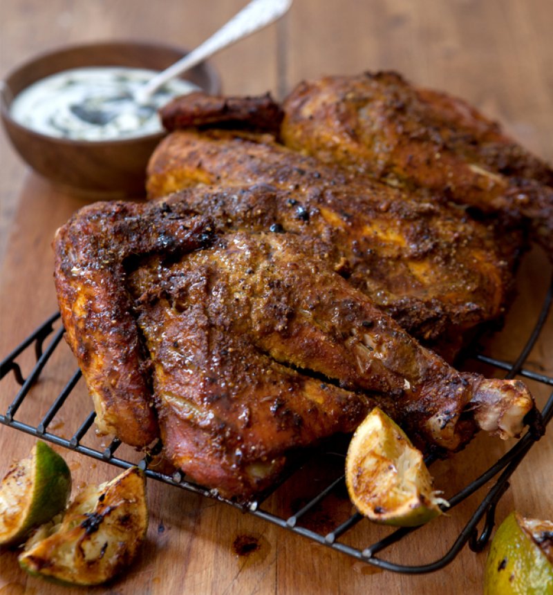 Masala-marinated chicken with minted yoghurt sauce