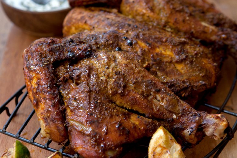 Masala-marinated chicken with minted yoghurt sauce