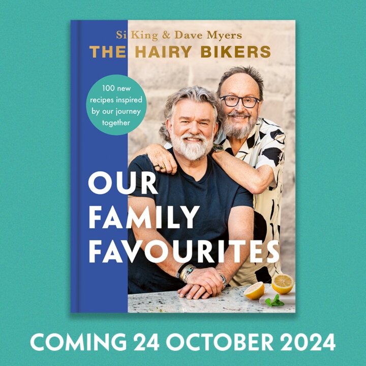 Book cover for the Hairy Bikers' latest book 'Family Favourites' with a picture of Si King and the late Dave Myers.